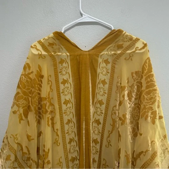 Free People Yellow Floral Kimono nightbird burnout gold velvet tassel - Picture 11 of 12